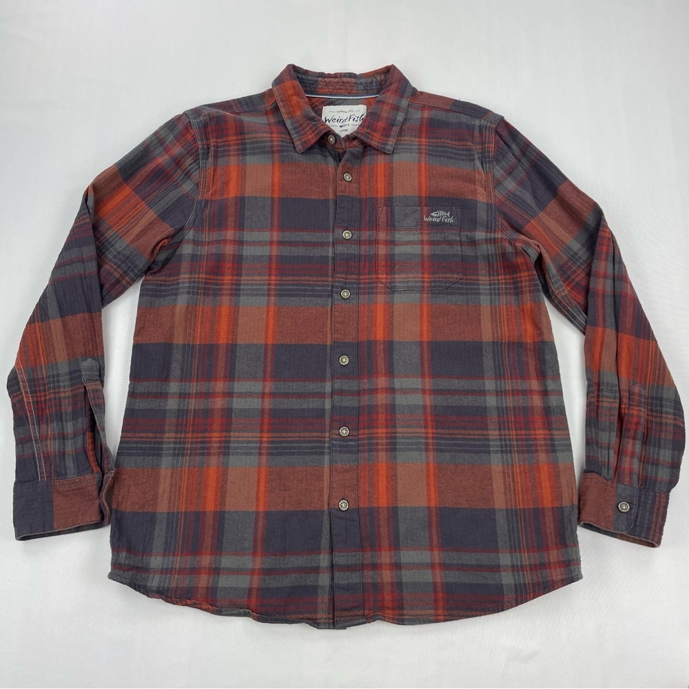 Weird Fish Men’s Flannel Shirt Brown Black Plaid Size Large Cotton Long Sleeve